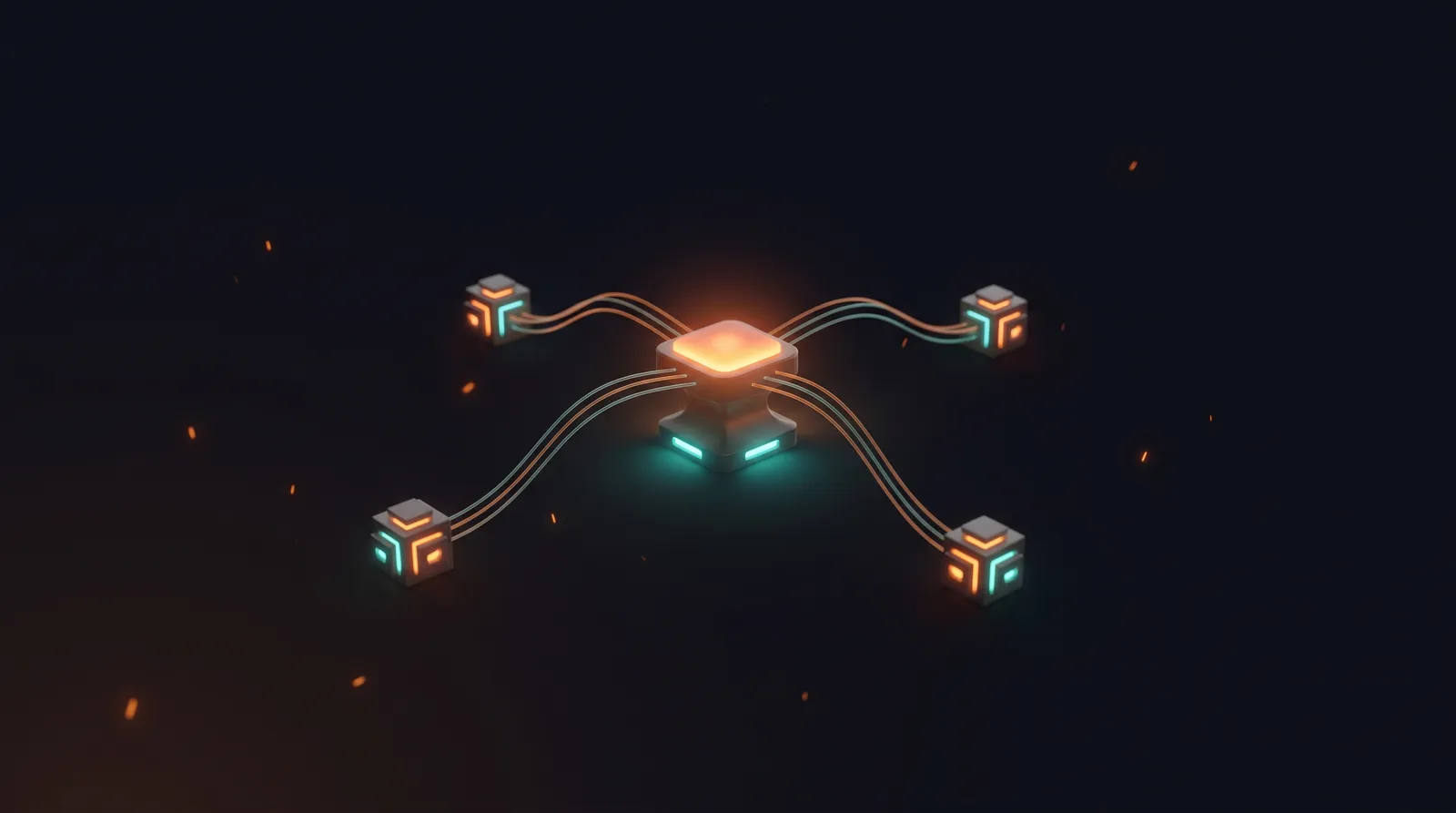 One glowing core feeding several worker nodes: the shared prefix is stored once and served to every agent, so each one only pays for its unique tail.